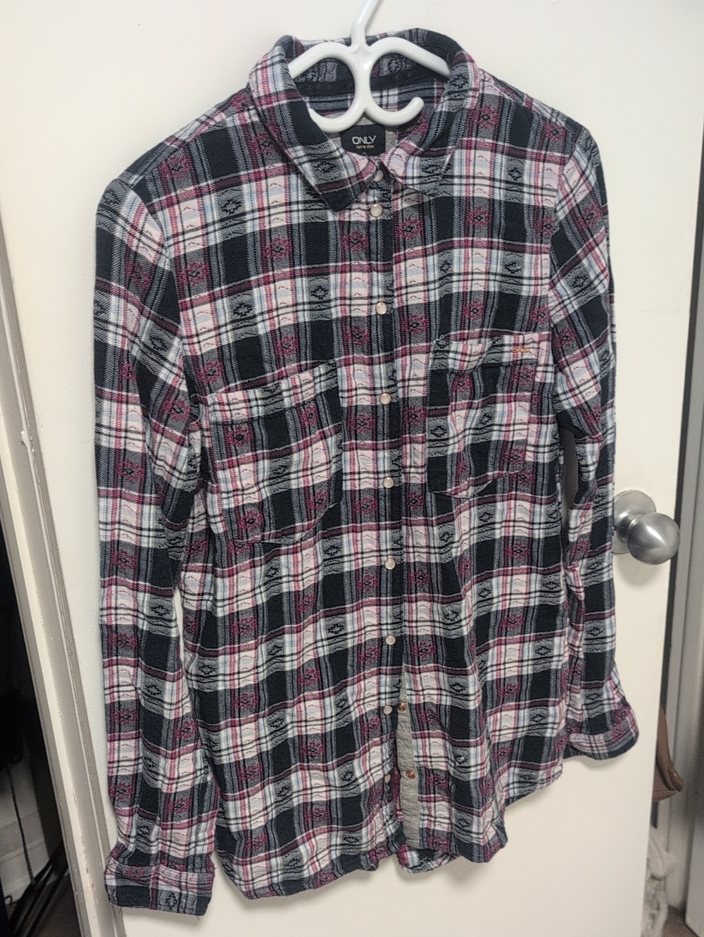 ONLY Black, White & Pink Plaid Button-Down Shirt